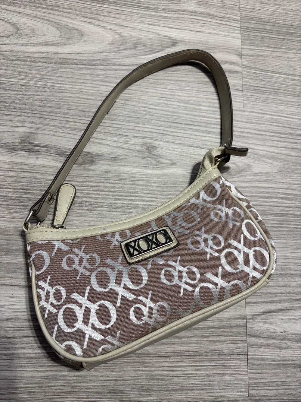 XOXO Taupe Logo-Print Mini Shoulder Bag with Cream Trim